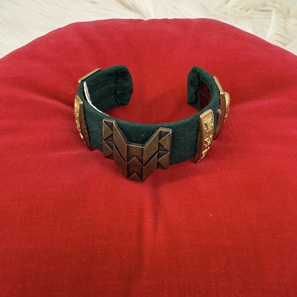 High End Vintage Green And Brass Bangle Velvet Cuff Style Aztec‎ MCM